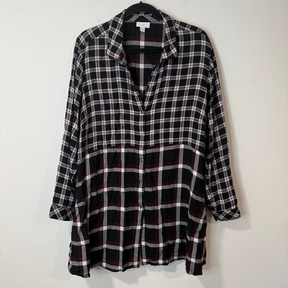 J. Jill Women's Tunic Top‎ Shirt Dress Plaid Button Down LS Black Red Plus 2X